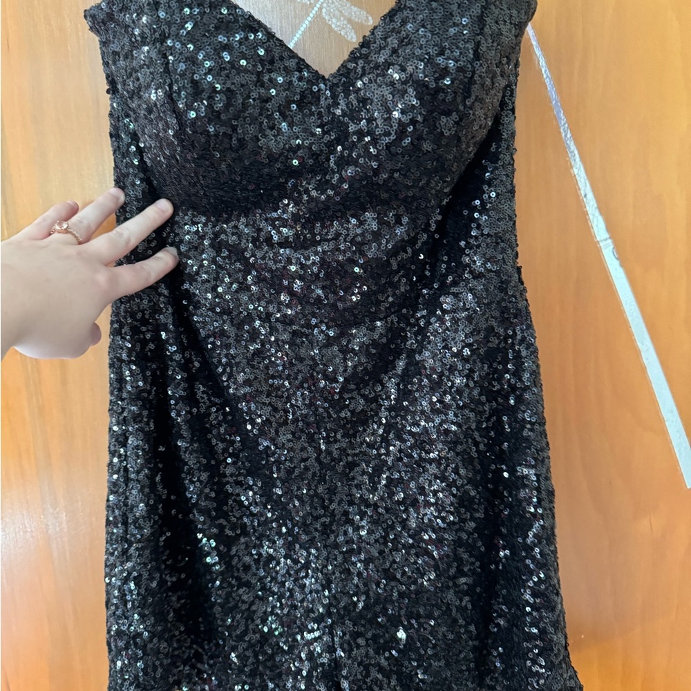 Alyce Paris Black Sequin Romper with Overskirt